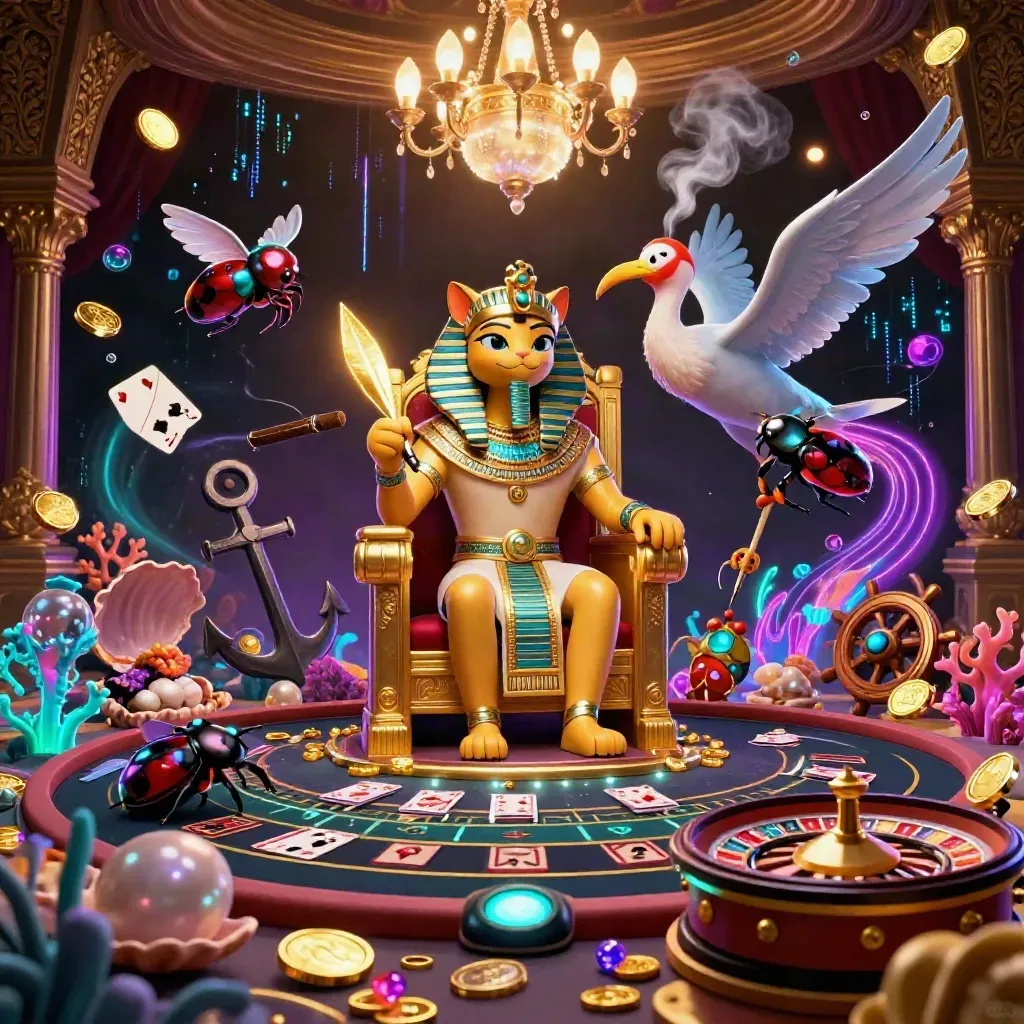 Pharaoh cat, ibis scribe, and gem-winged scarabs in a neon treasure casino scene