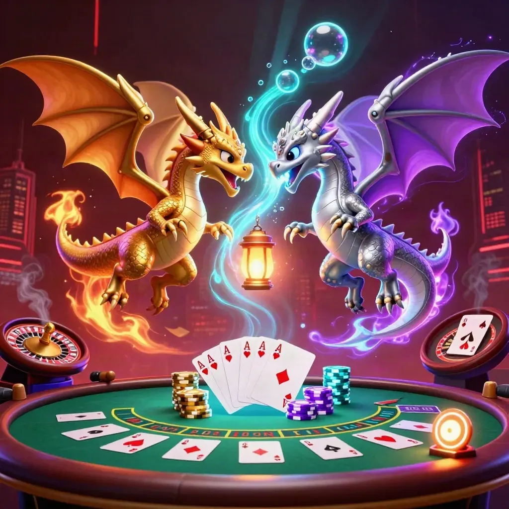 Gold and silver dragons whirl over casino tables, chips, cards, and neon lights.