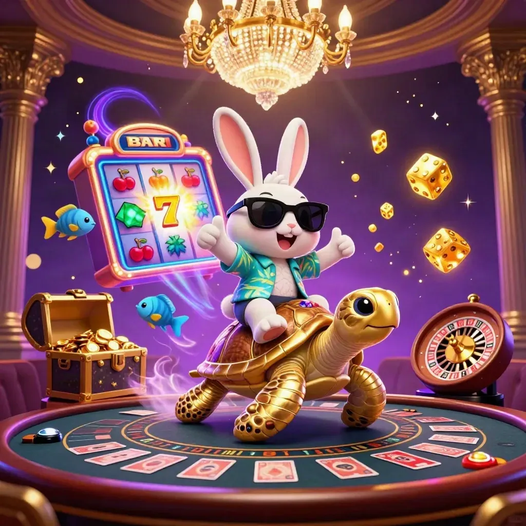 Lucky rabbit rides a golden sea turtle amid slots, dice, roulette glow, and casino lights.