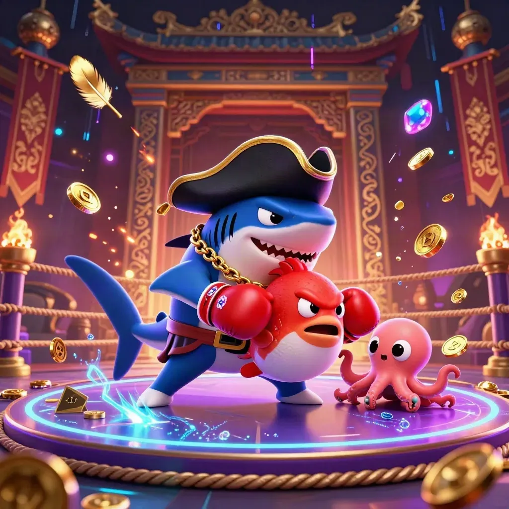 Pirate shark, boxing pufferfish, and juggling octopus in a neon casino battle scene.