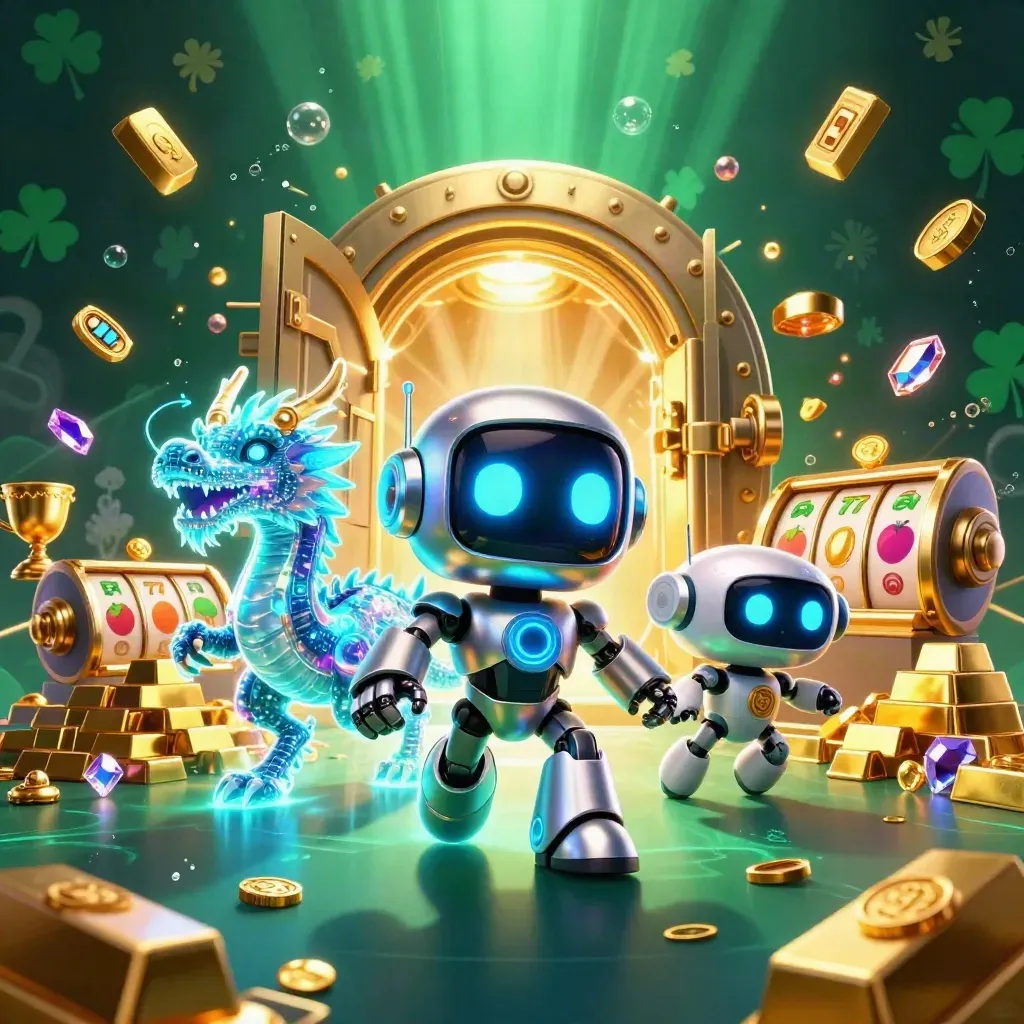 Cyberpunk robot, AI dragon and coin drone burst open a vault amid treasure and neon cyan glow.