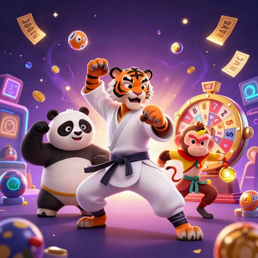 Kung-fu tiger, panda, and monkey amid neon treasure, bingo balls, prize wheel, and gold confetti.