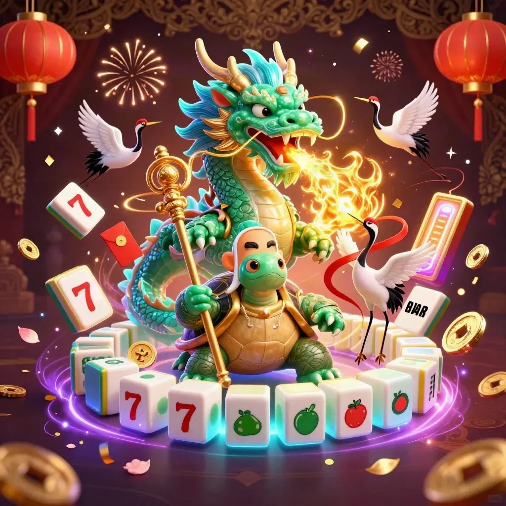 Jade dragon, turtle sage and cranes amid gold fire, lanterns and coins on dark damask glow