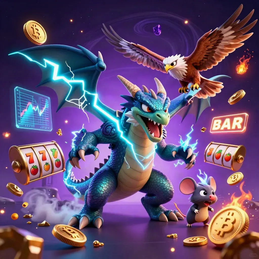 Thunder dragon, wind hawk, and static mouse amid neon coins, lightning, and casino glow.