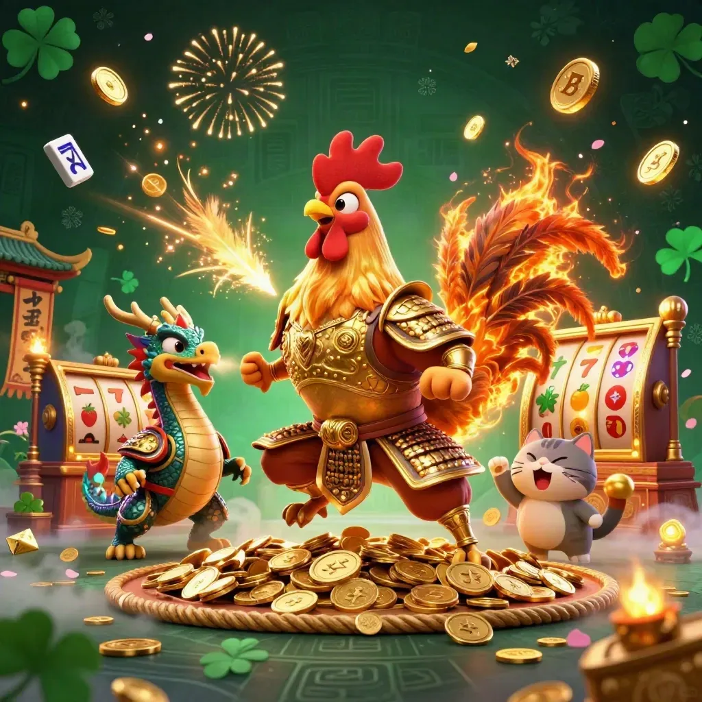 Rooster samurai, dragon hatchling, and fortune cat amid coins, reels, and neon casino magic.