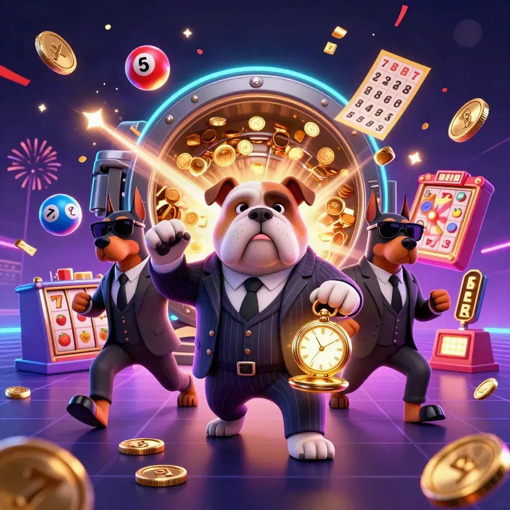 Bulldog mob boss and two Dobermans burst from a vault amid coins, fireworks and slot symbols.