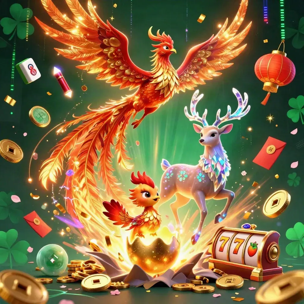 Phoenix, hatching egg, and crystal-antlered stag amid coins, lanterns, and neon casino bursts