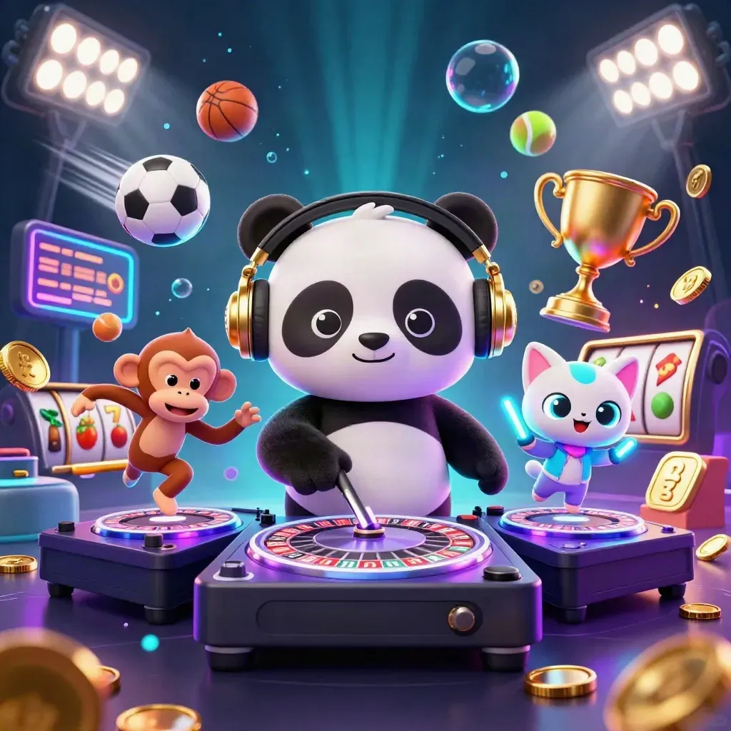 DJ panda, breakdancing monkey, and glow-stick kitten amid neon casino reels and sports balls