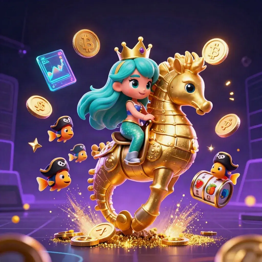 Mermaid princess on golden seahorse, pirate fish, neon coins, reels, and casino lightning in dark purple glow