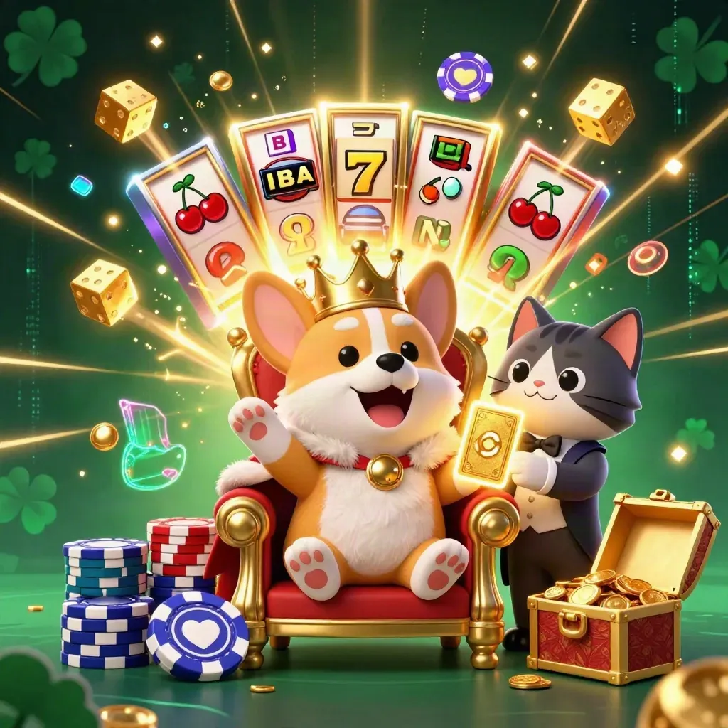 Royal corgi and cat butler amid a bursting slot machine, chips, gold and neon casino energy.