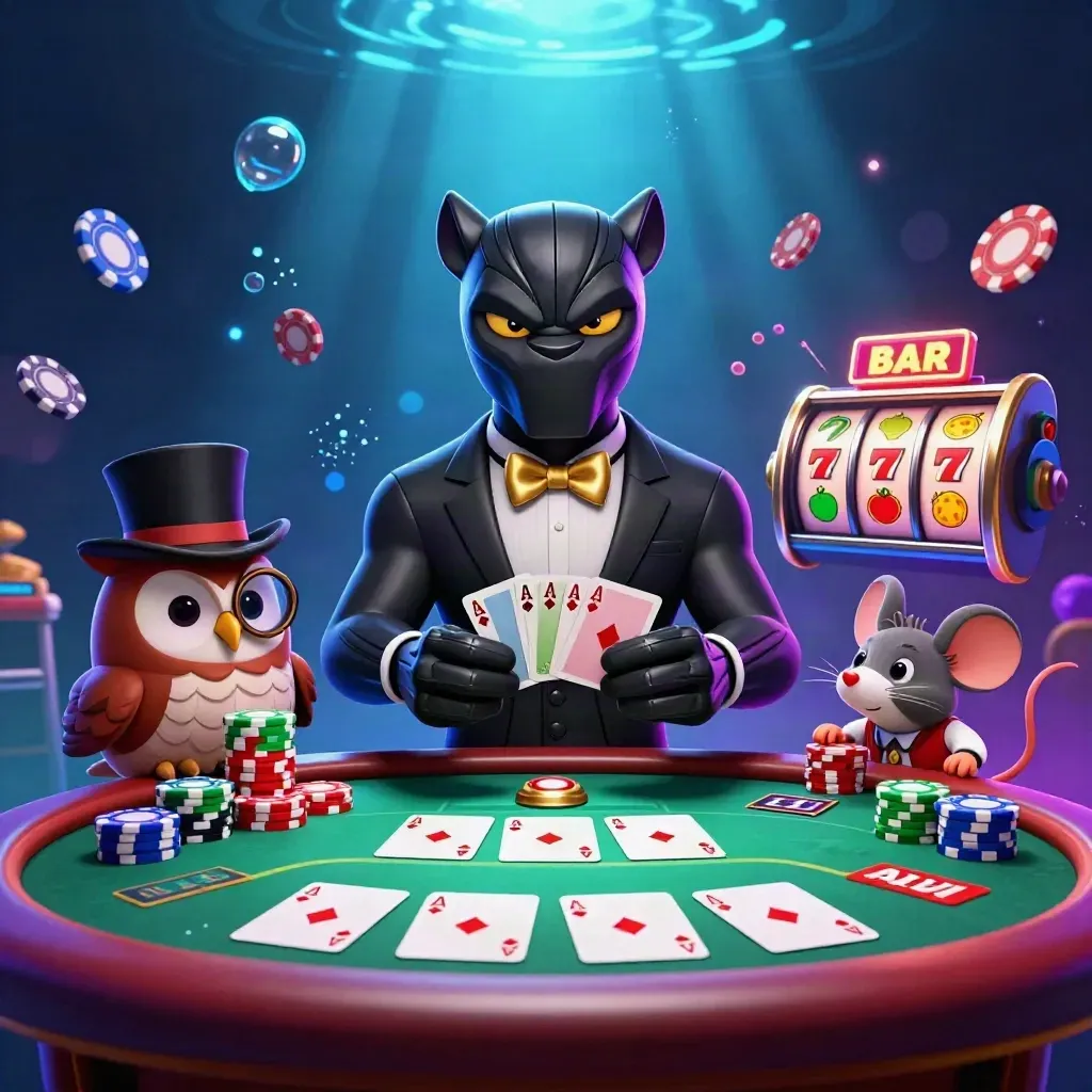 Panther, owl, and mouse play cards amid chips, slot reels, and neon casino glow