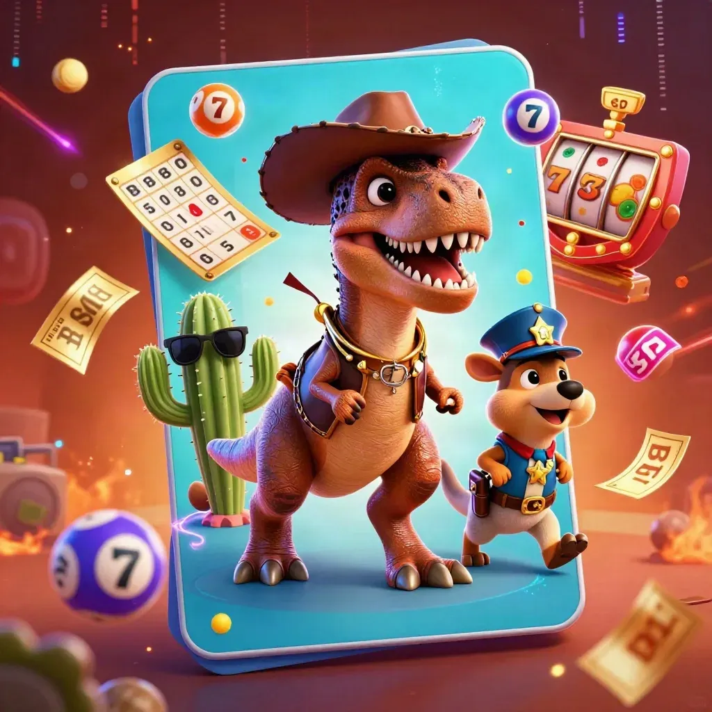 Cowboy T-Rex, cactus sidekick, and roadrunner exploding with casino game effects.