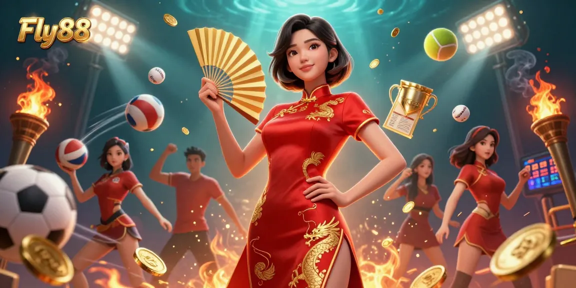 Fly88 captivates players with vibrant casino visuals featuring a confident Asian woman amidst gold coins