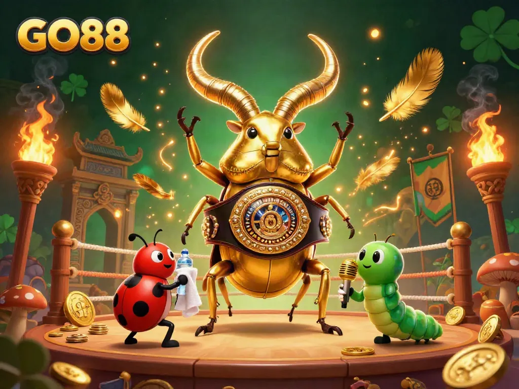 Engaging scene of GO88 featuring a golden stag beetle champion surrounded by dynamic casino elements.