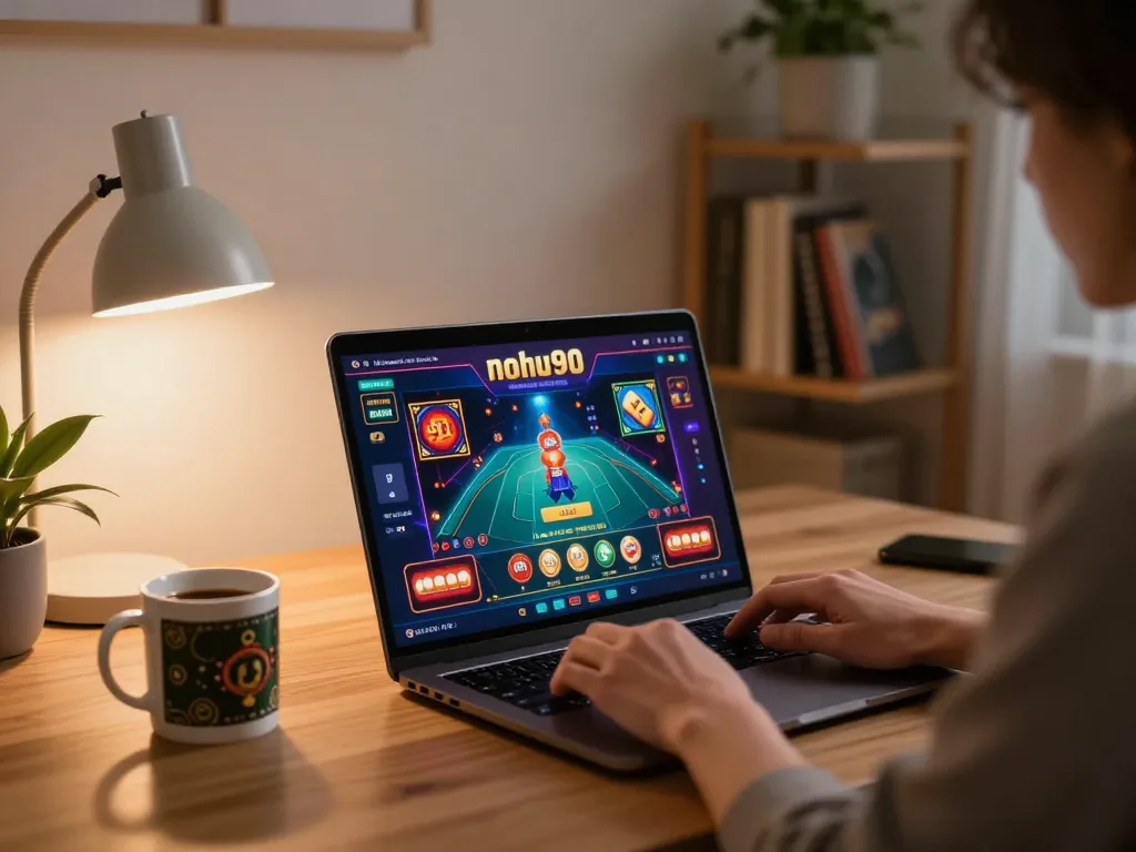 Nohu90 gaming setup with user enjoying online casino experience at home, vibrant interface and cozy ambiance.