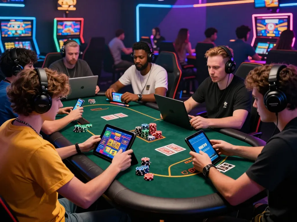 Players using the RIKVIP app on various devices in an energetic online gaming setting.
