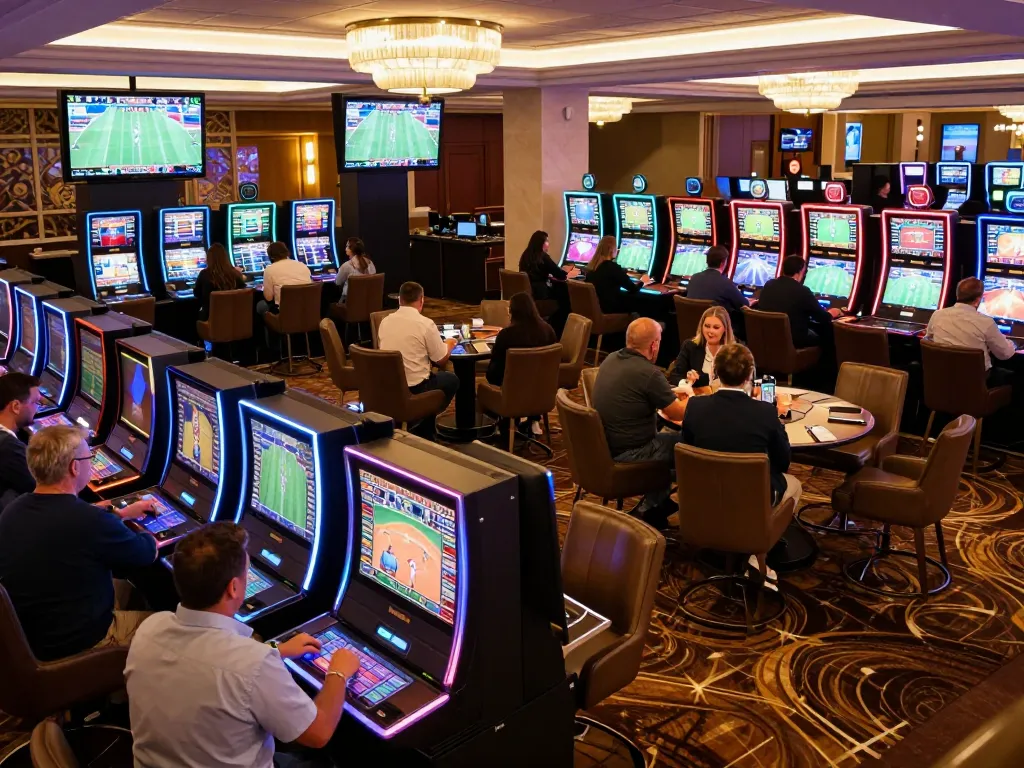 Active sports betting at xo888's vibrant casino, with enthusiastic bettors and live odds screens.