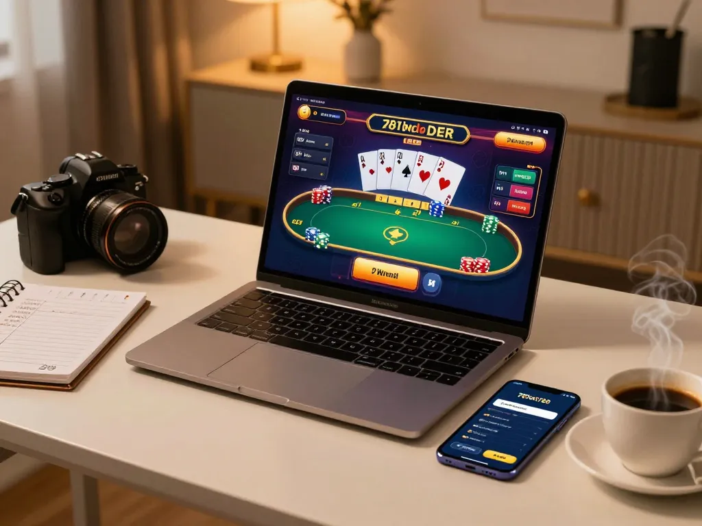 Engaging poker game on 789win789 app displayed on laptop, highlighting strategic gaming at home.