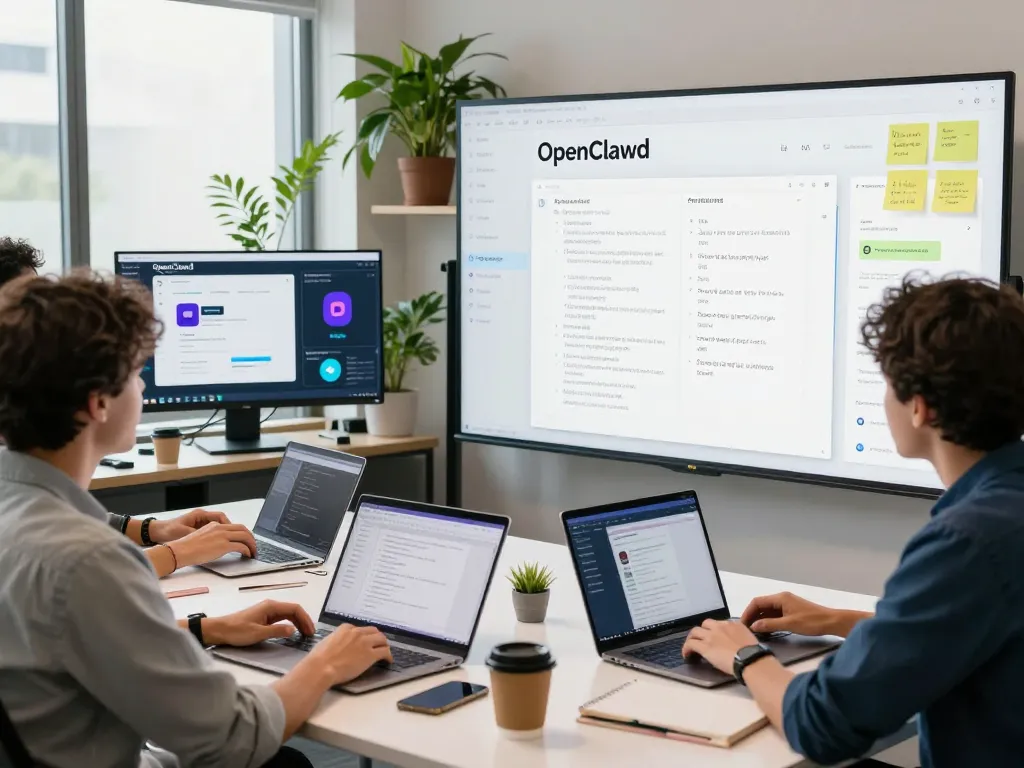 Diverse team brainstorming with OpenClawd on laptops in a modern workspace