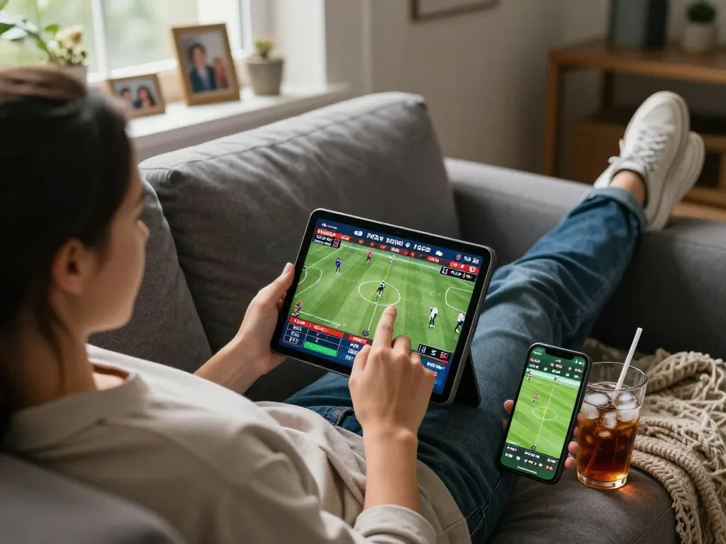 Person engaging in sports betting on LODE88 app while relaxing at home, showcasing strategic gameplay.