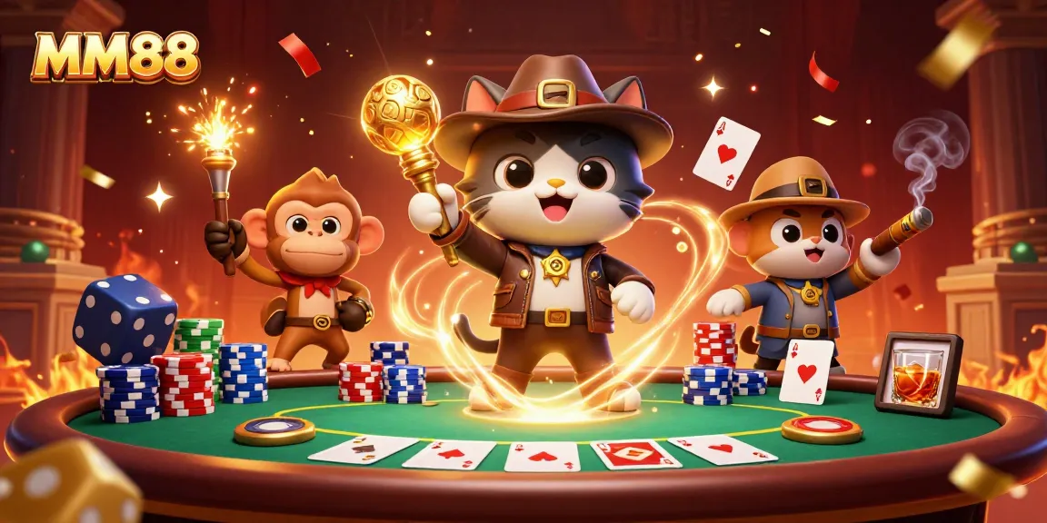 Discover thrilling adventures at MM88 with a cartoon archaeologist cat and monkey, amidst vibrant poker elements.