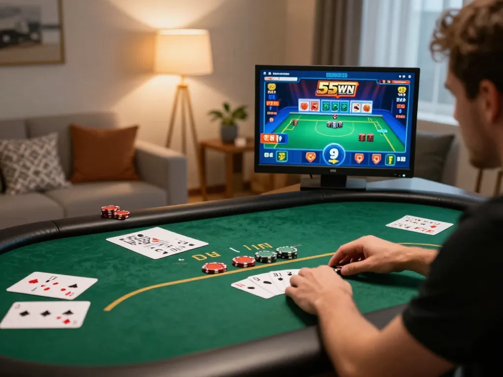 Player enjoying the 555WIN app for online poker in a cozy home setting
