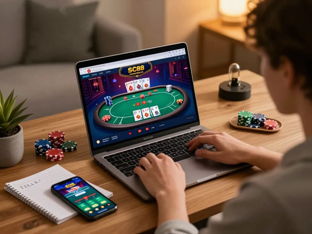 Person engaging with SC88 online casino on laptop in a cozy home setting