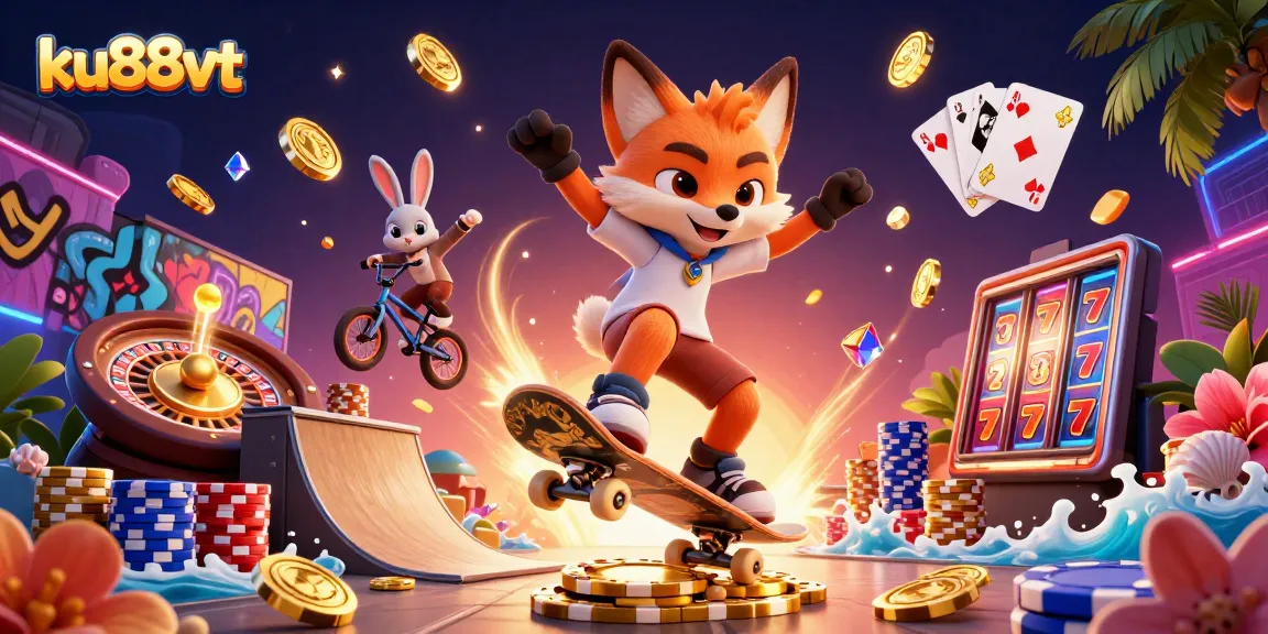 Engage with ku88vt thrilling action featuring a skateboarder fox over poker chips in vibrant casino scene.