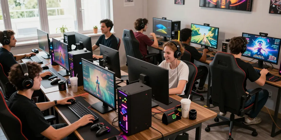 Gamers engaged in competitive online play at their setups, showcasing the vibrant community spirit around đăng nhập HELLO88.