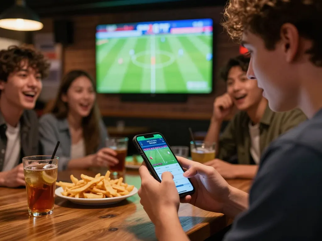 Betting enthusiast uses 7mcn app for live sports betting action in vibrant bar atmosphere.
