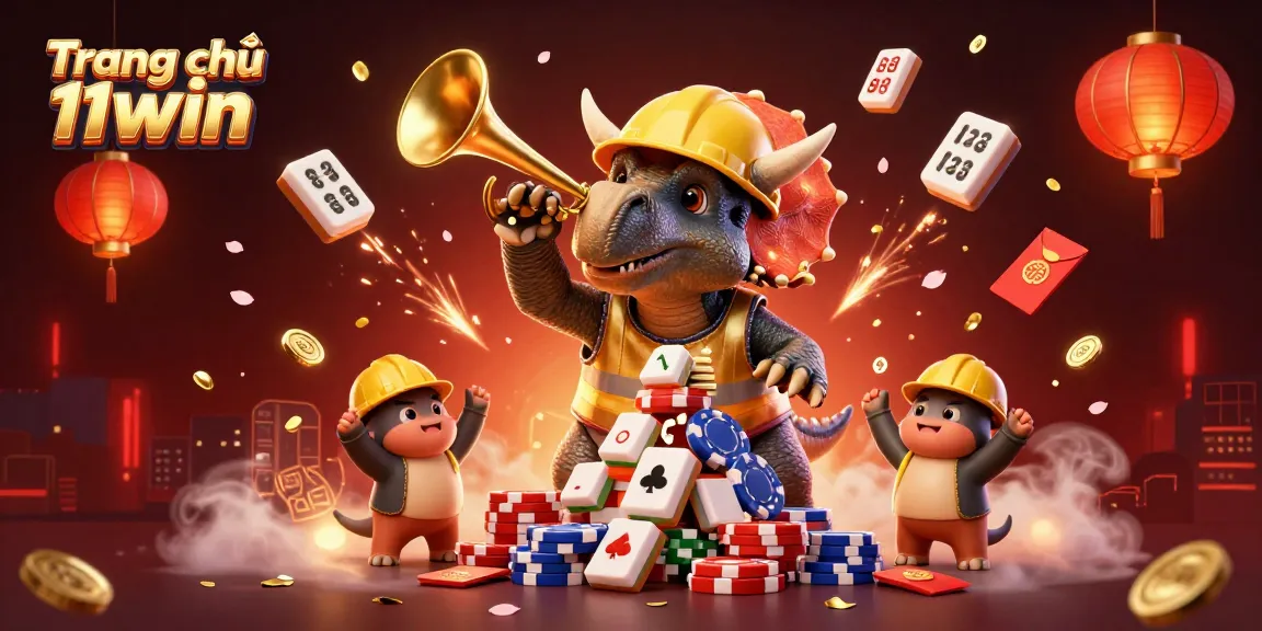 Trang chủ 11win lively casino scene with cartoon dinosaurs celebrating a poker chip pyramid, energetic festive atmosphere.