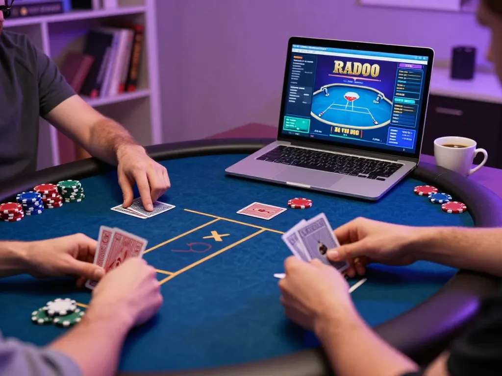 Engaging online poker gameplay showcasing Game Bài Đổi Thưởng with players in a vibrant home setting