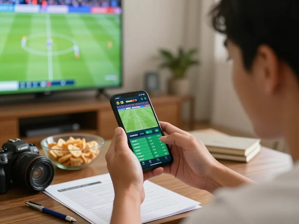 Engaging live betting on SHBET during an exciting football match, showing strategy and excitement.