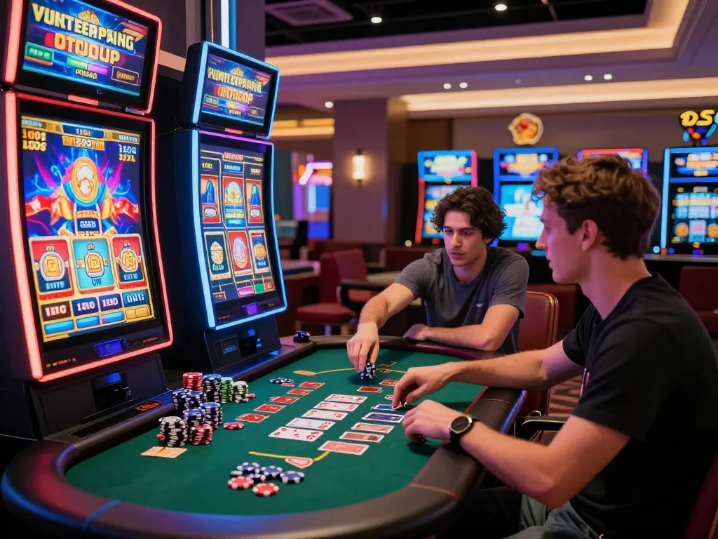 Exciting VUA99 gaming scene with player at slot machine in vibrant virtual casino.