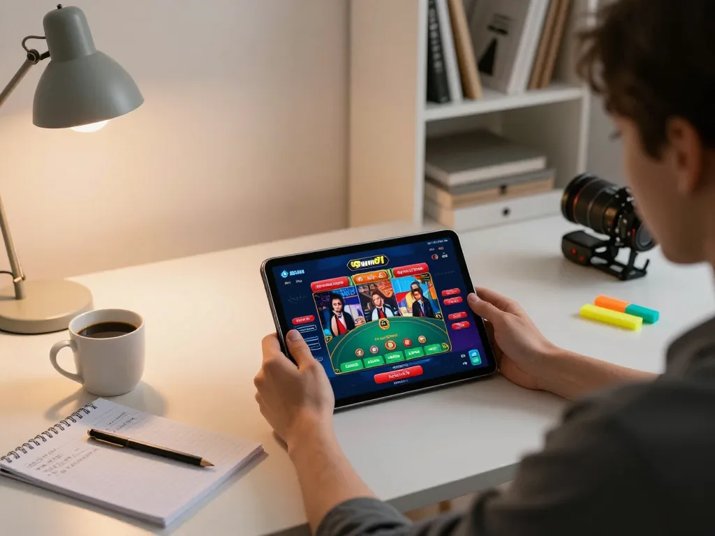 Engaged player using 98win01 tablet app for online casino gameplay, cozy home office setting.