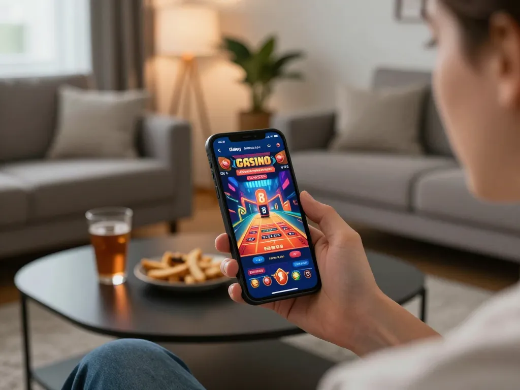 Player engaging with the 8day casino app on a smartphone during a cozy home gaming session.