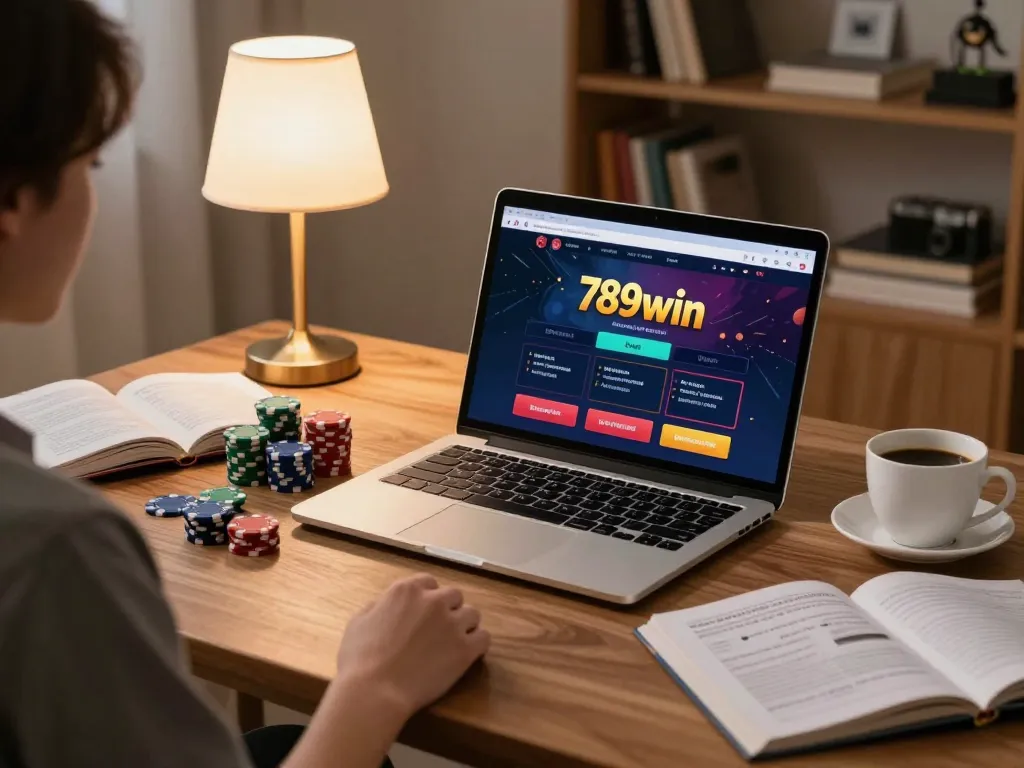 Engaging 789win online gaming scene showing a player strategizing with poker chips and notes.