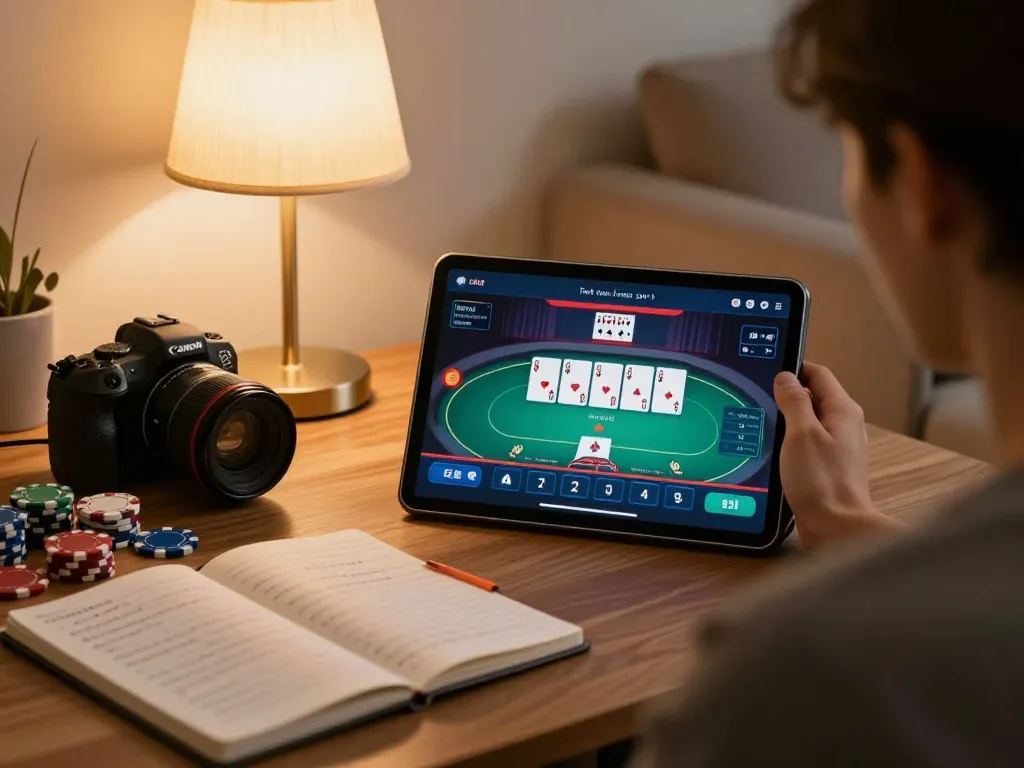 Person playing poker online at home using a tablet showcasing 888top game interface.