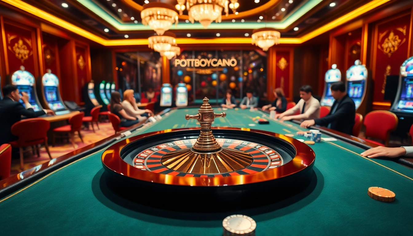 Engaging casino scene at RR88 with roulette wheel, players, and slot machines.