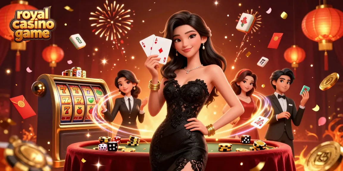 Engage with the royal casino game in an immersive setting featuring slots, cards, and festive elements.