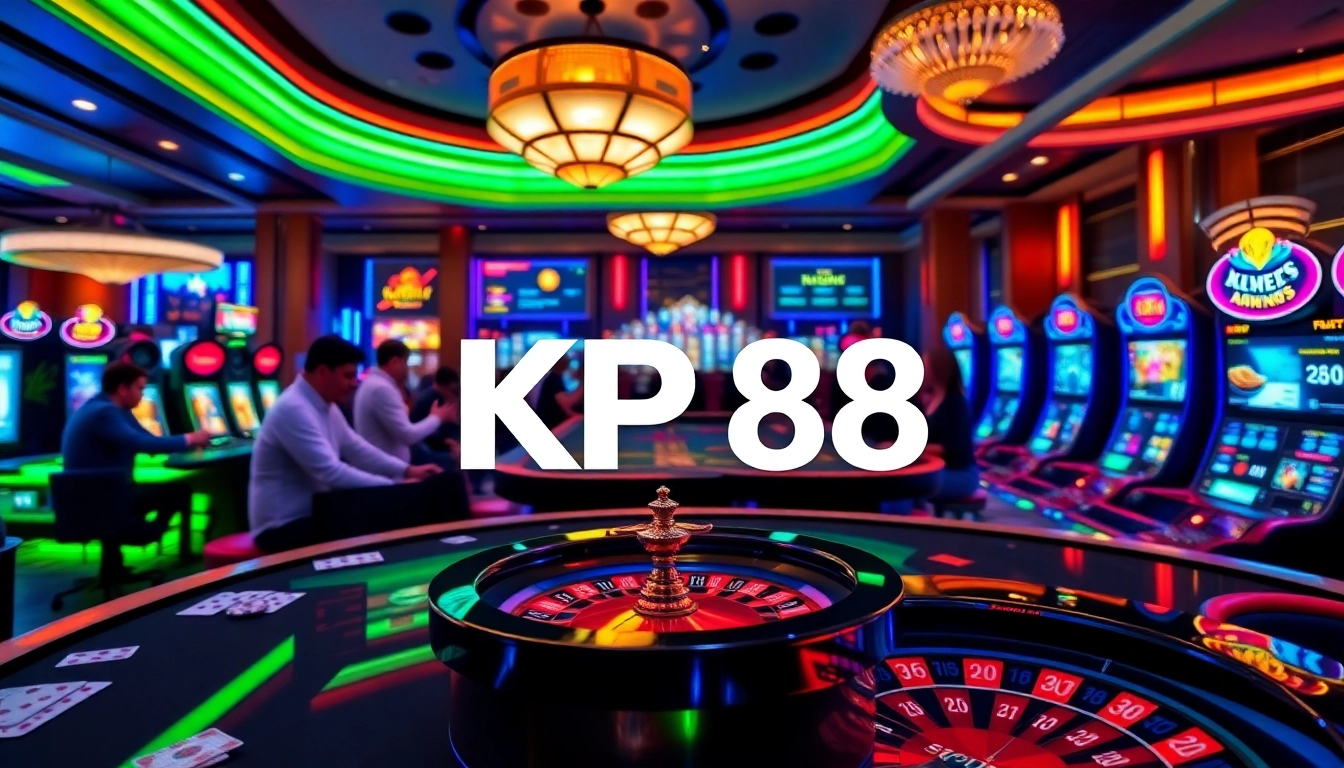 Gamblers enjoying a lively casino scene at KP88 with poker chips and cards.