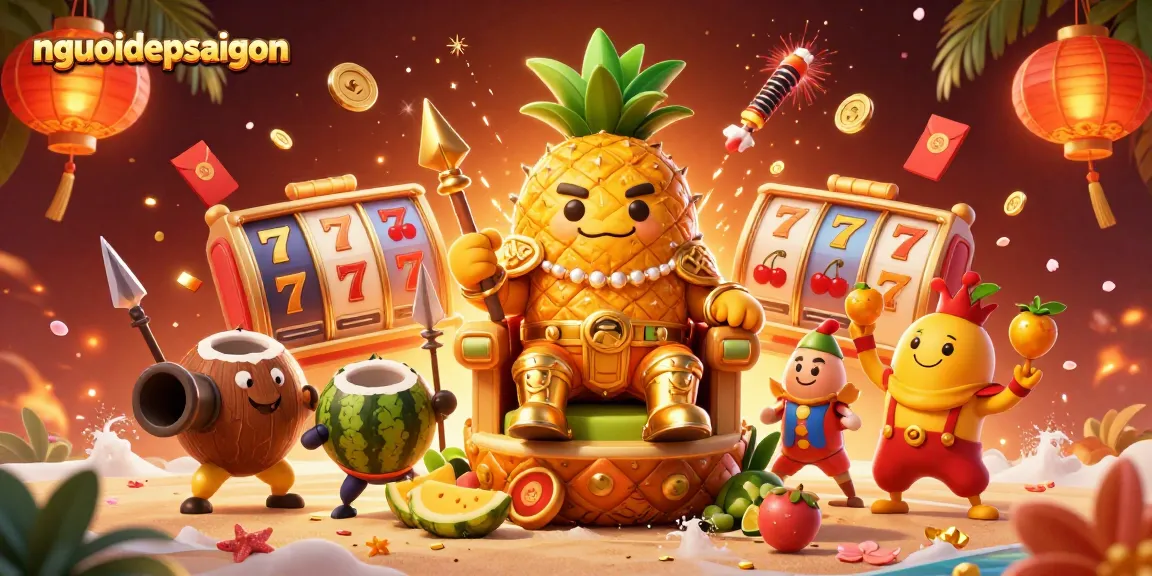 nguoidepsaigon features vibrant golden pineapple king and slot reels in a lively beach casino scene