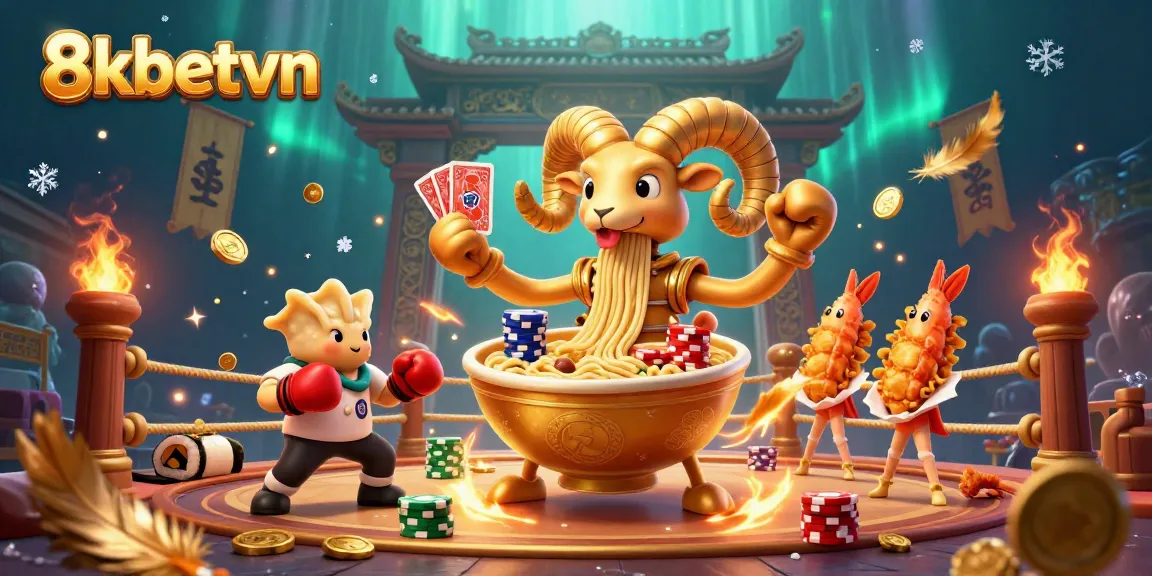Join 8kbetvn for an exciting casino experience with a dynamic ramen bowl character dealing cards and stacking chips.