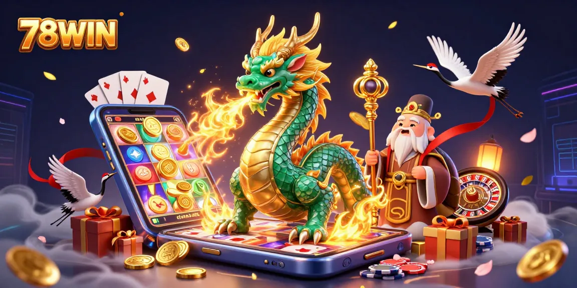 Experience the excitement of 78WIN with a vibrant 3D casino scene full of games and characters.