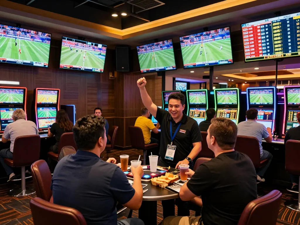 People engaging in sports betting while analyzing odds at a casino using Nhận định kèo strategies for better outcomes.