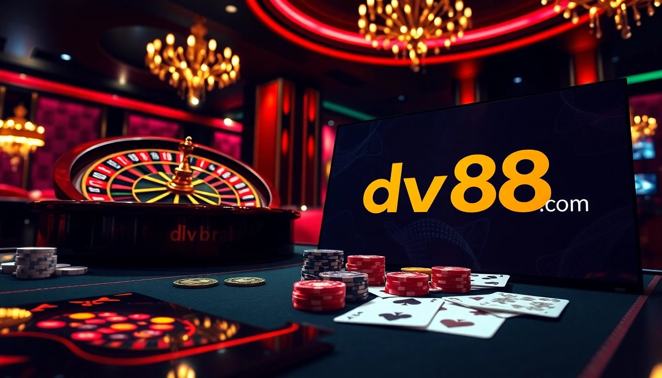 Place bets and win with dv88 com showcasing thrilling casino elements and vibrant gaming ambiance.