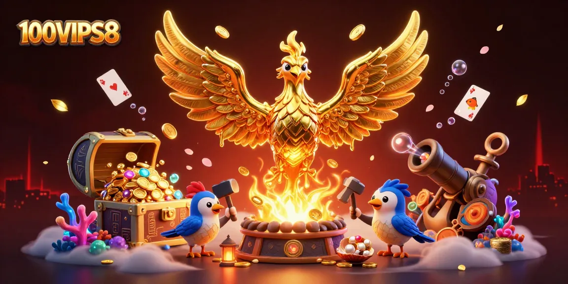 Experience thrilling wins with 100VIPS8 as a golden phoenix brings prosperity in this vibrant casino scene.