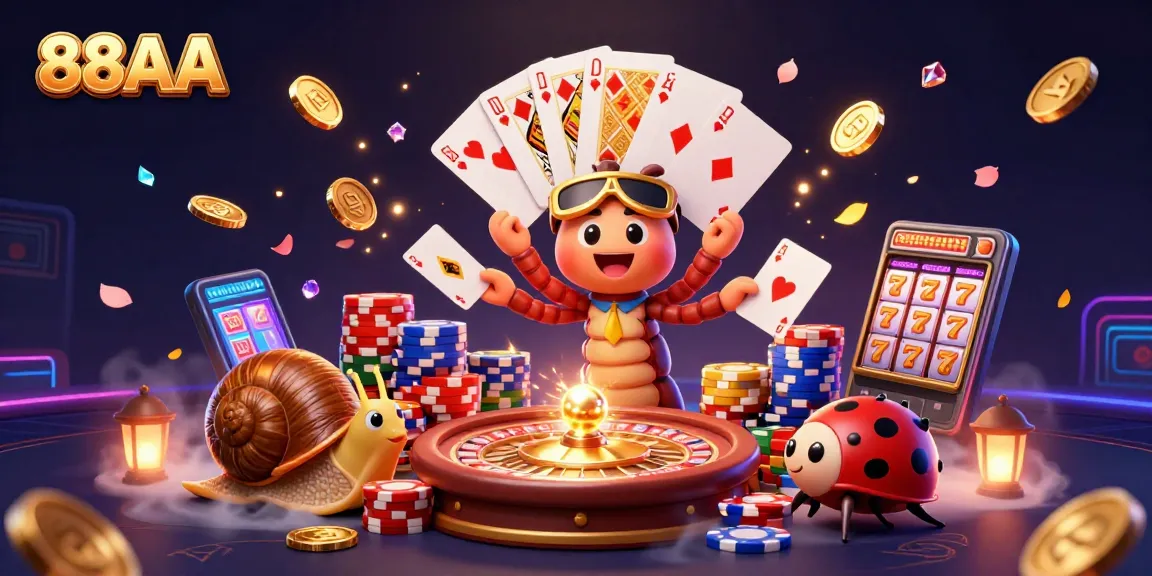 88AA casino illustration showcasing a dealer with playing cards and a high-roller snail amid golden coins and vibrant poker chips.
