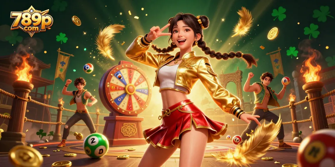 Engage in thrilling gaming at 789p com with vibrant characters, colorful lottery elements, and casino ambiance.