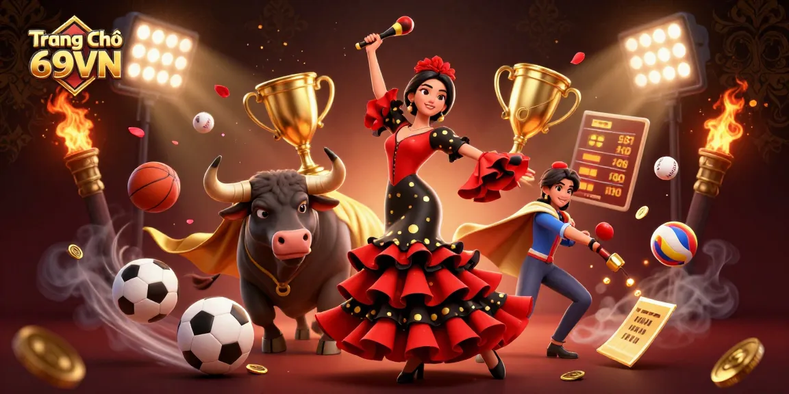 Experience the excitement of Trang Chủ 69VN with vibrant elements of sports betting action and glamorous characters.